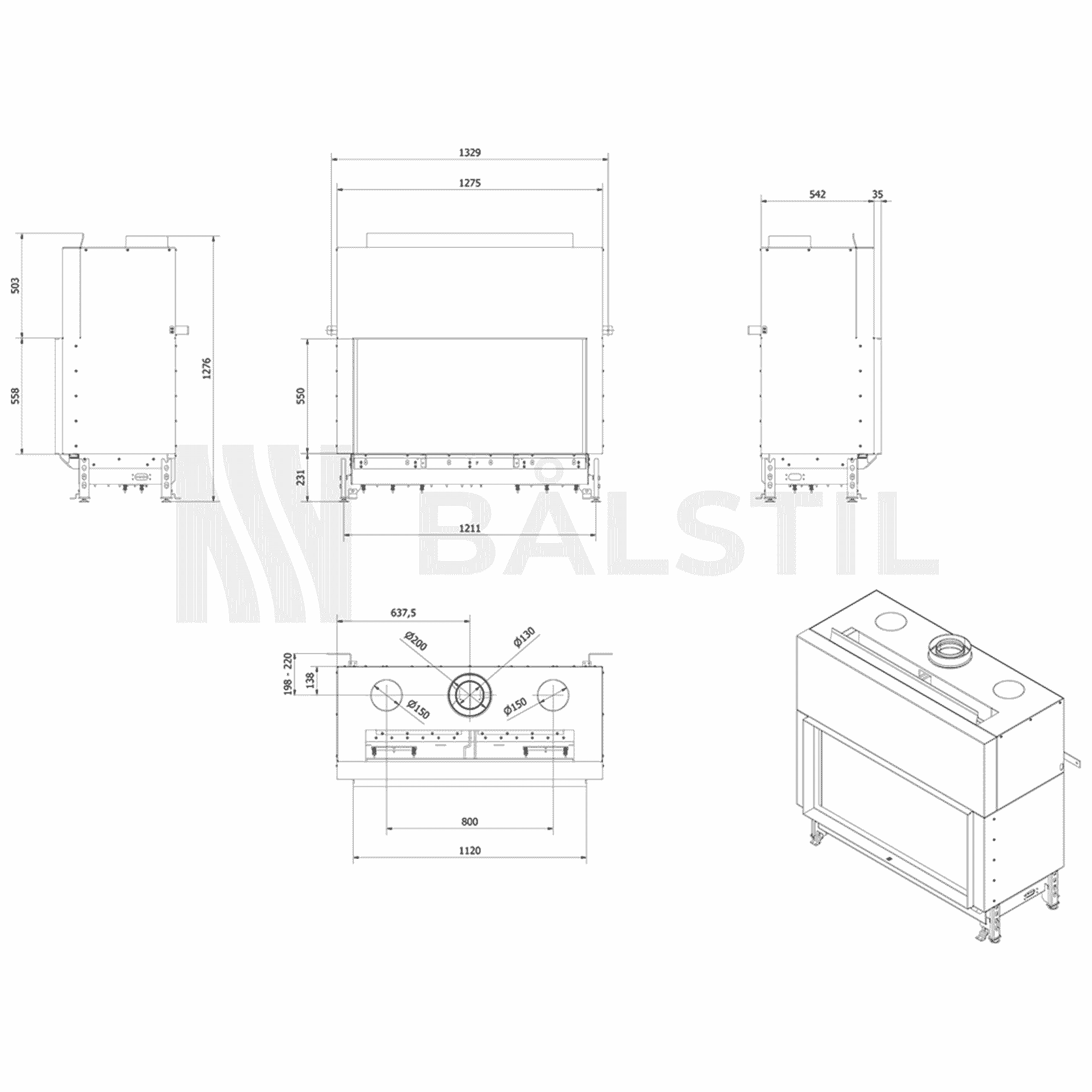 Gaskamin BÅLSTIL LUSSO 130/55 Naturgas 12,5 kW ∅ 130/200