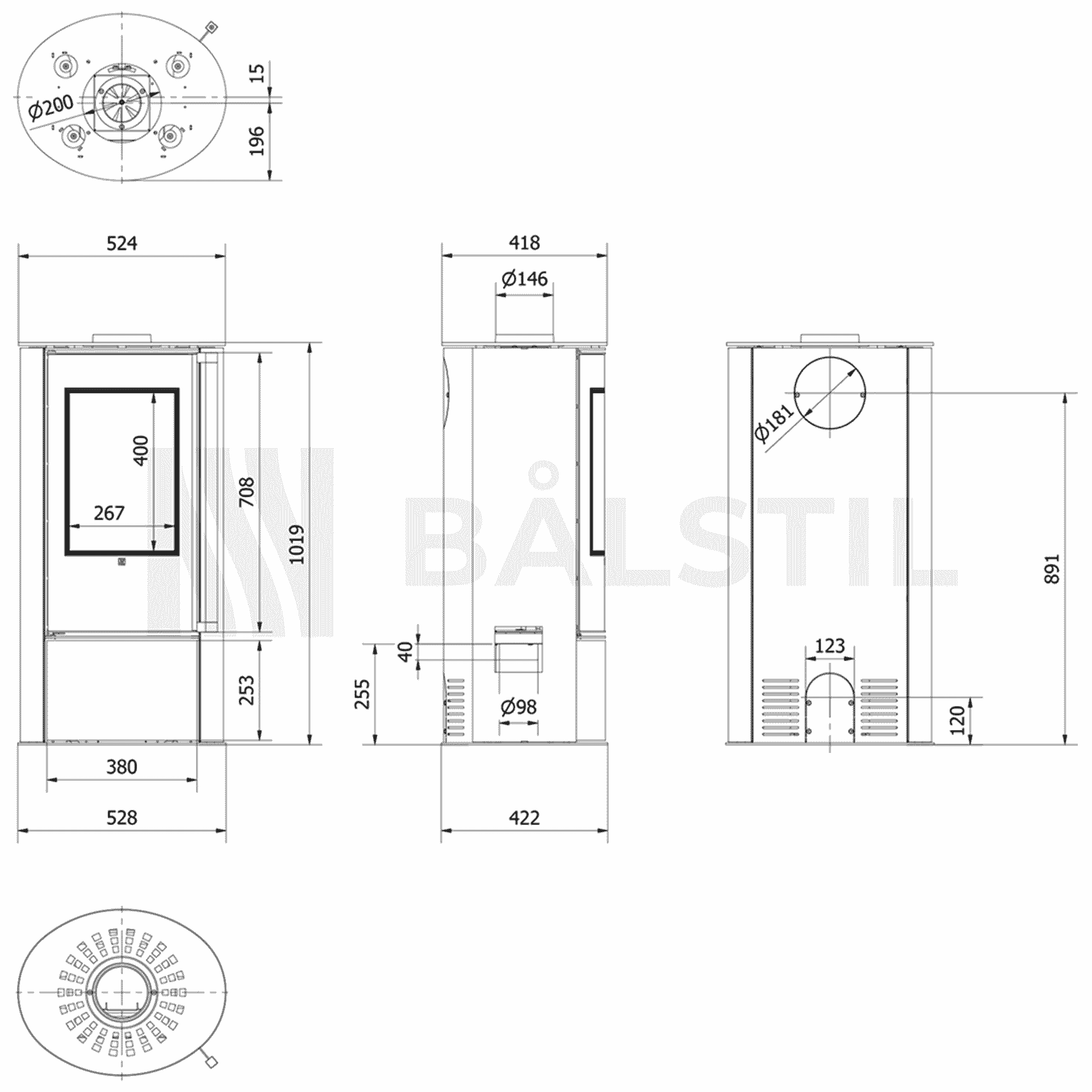 Piec wolnostojący stalowy ULV z czarnym wyłożeniem