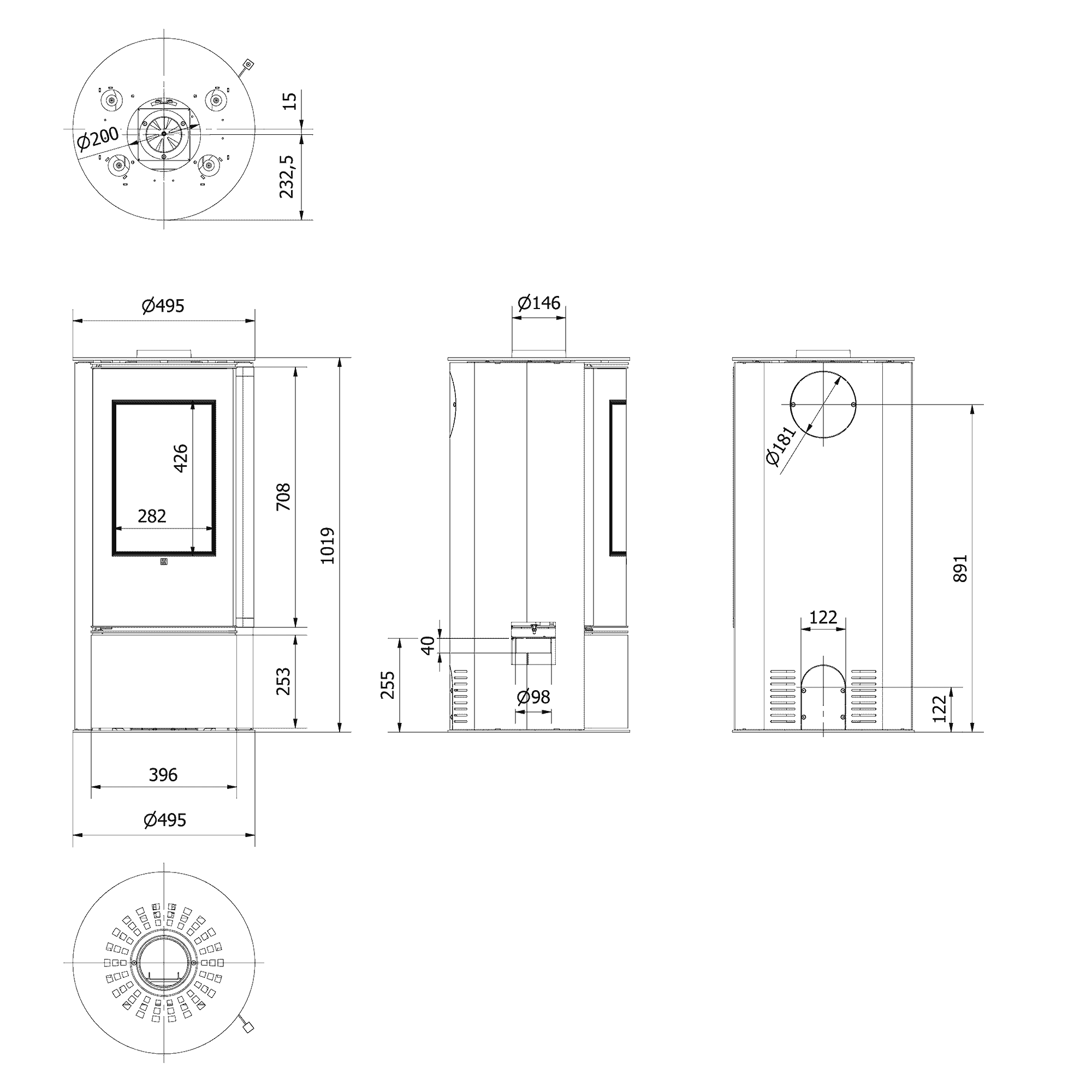 ORA freistehender Stahlofen mit schwarzer Verkleidung