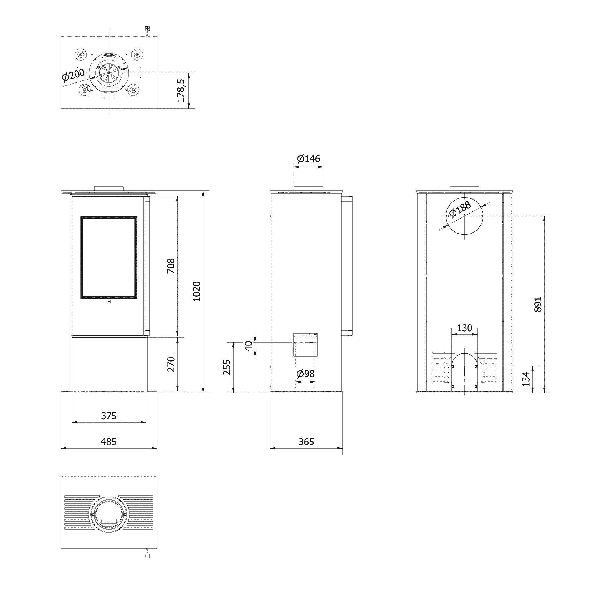 AKNA freestanding steel stove in FOKOS GRAFITE sinter with black lining