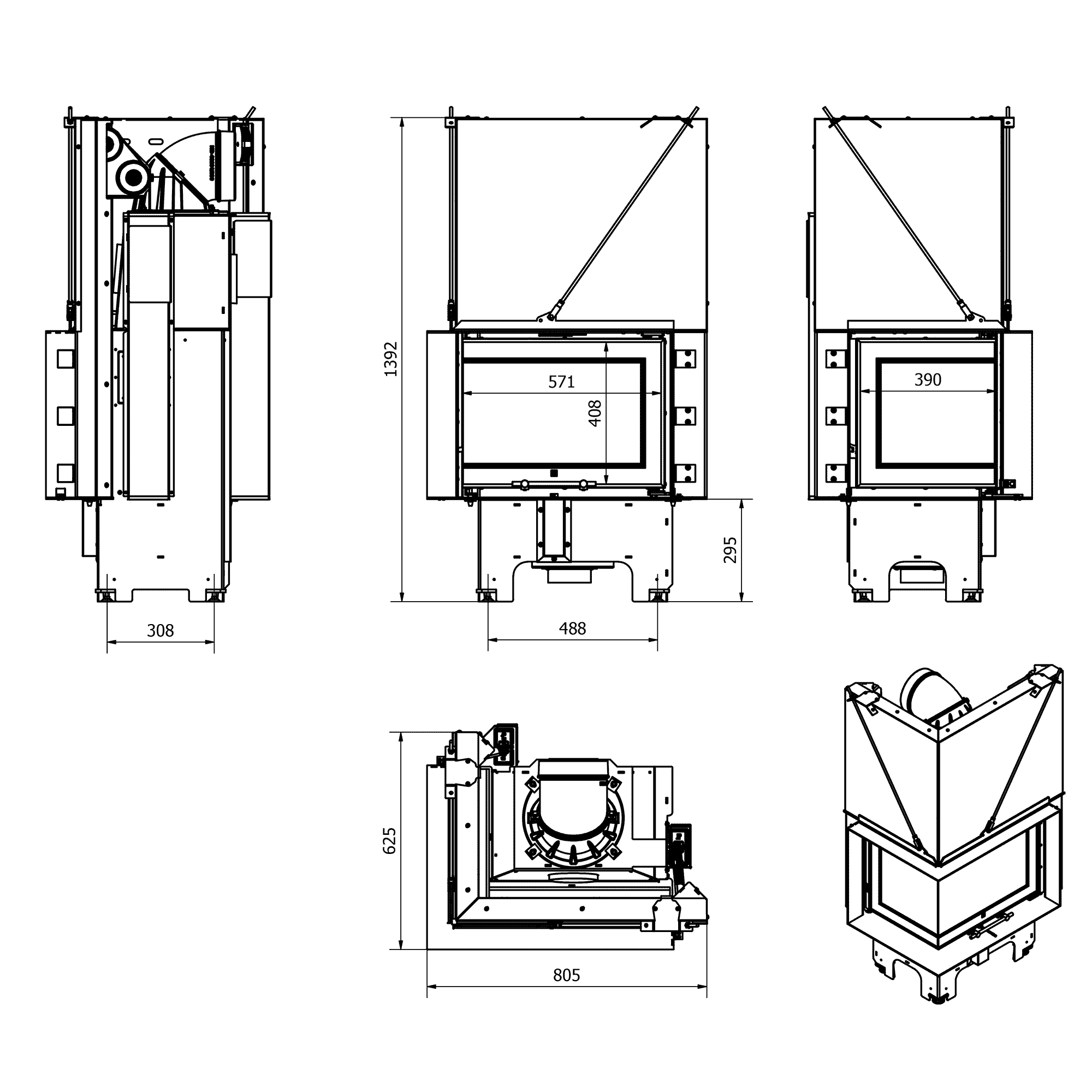 Balstil Milano 610x430 – Linksseitiger Eckkamin mit Klapptüren, weiße Verkleidung