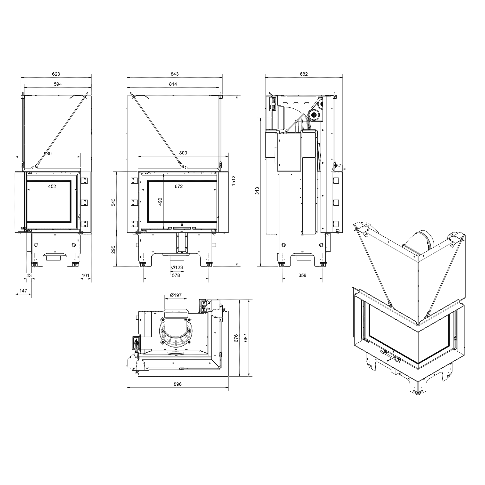 Balstil Milano 700x480 – Rechtsseitiger Eckkamin mit Klapptüren, weiße Verkleidung