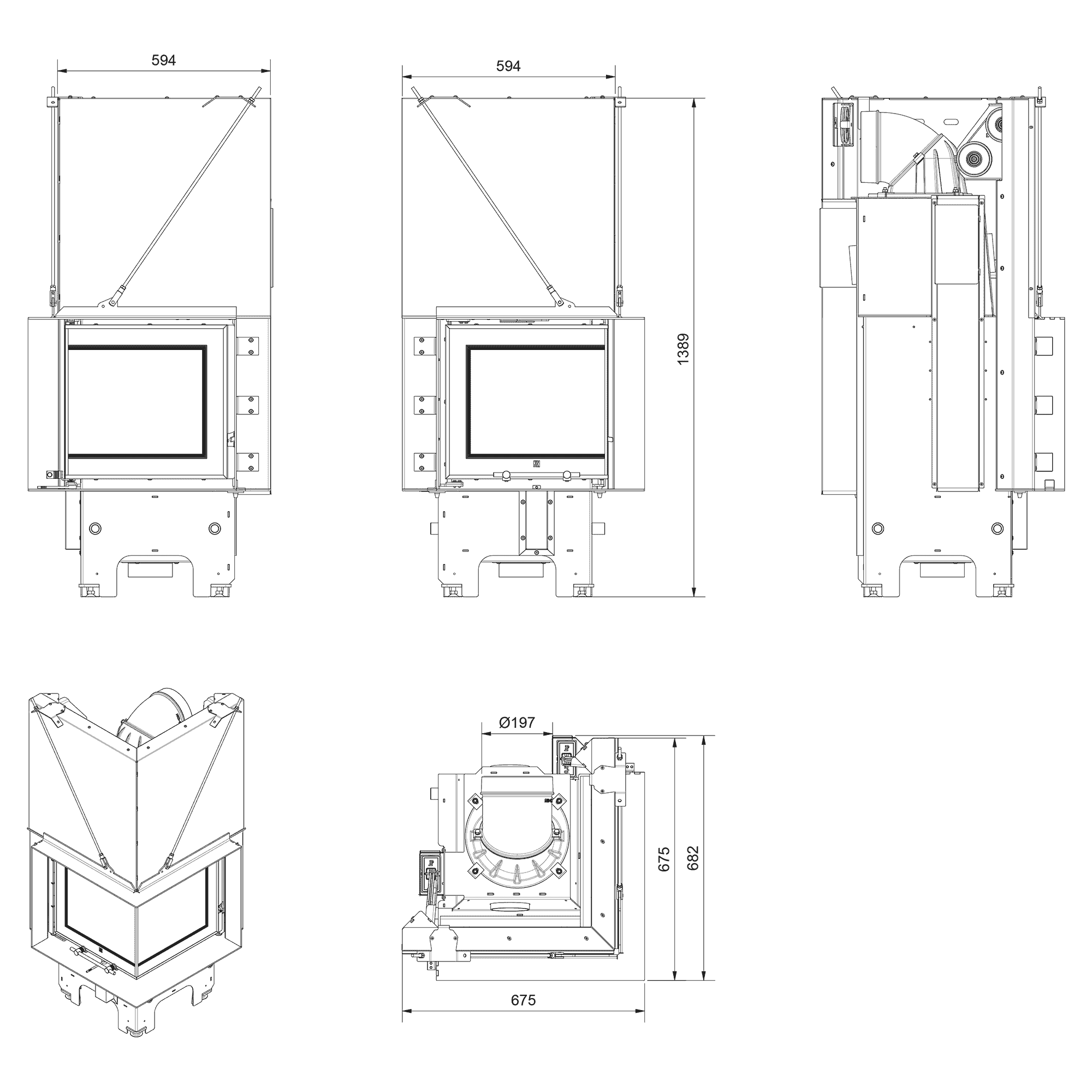 Balstil Milano 480x480 – Linksseitiger Eckkamin mit Klapptüren, schwarze Verkleidung