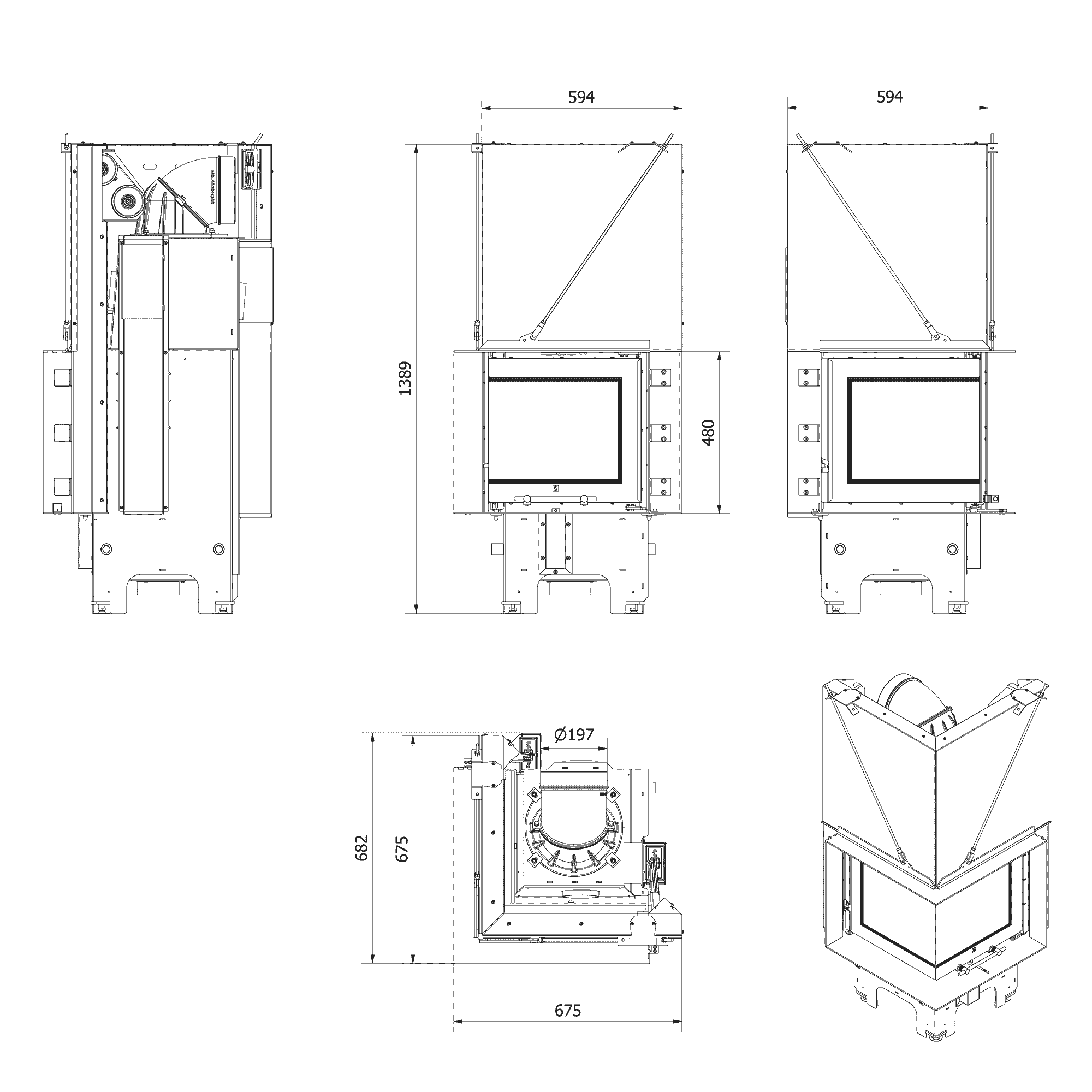 Balstil Milano 480x480 – Linksseitiger Eckkamin mit Klapptüren, schwarze Verkleidung