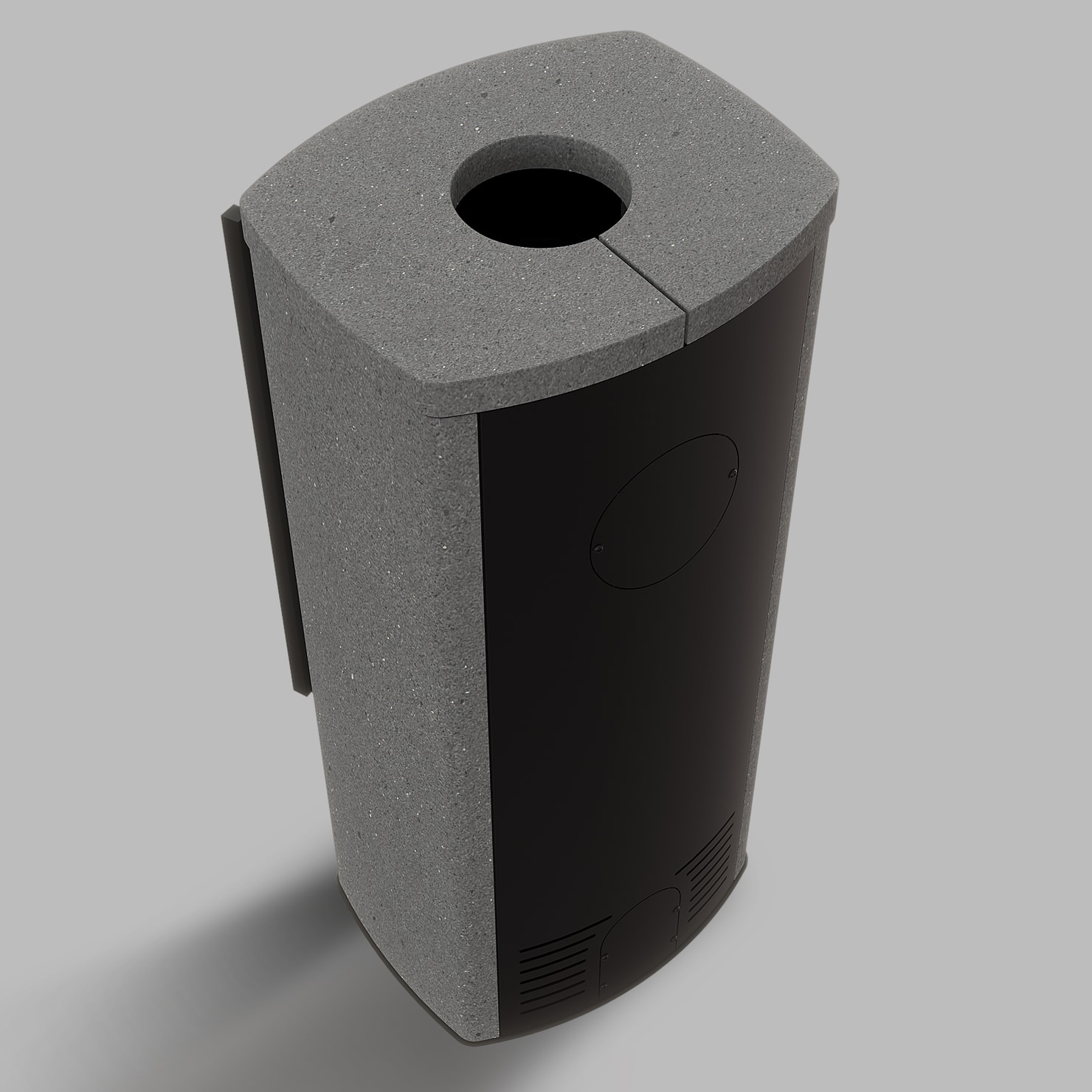 Freistehender Stahl-Kaminofen BRONN aus Luna Grigia Stein mit schwarzer Innenauskleidung