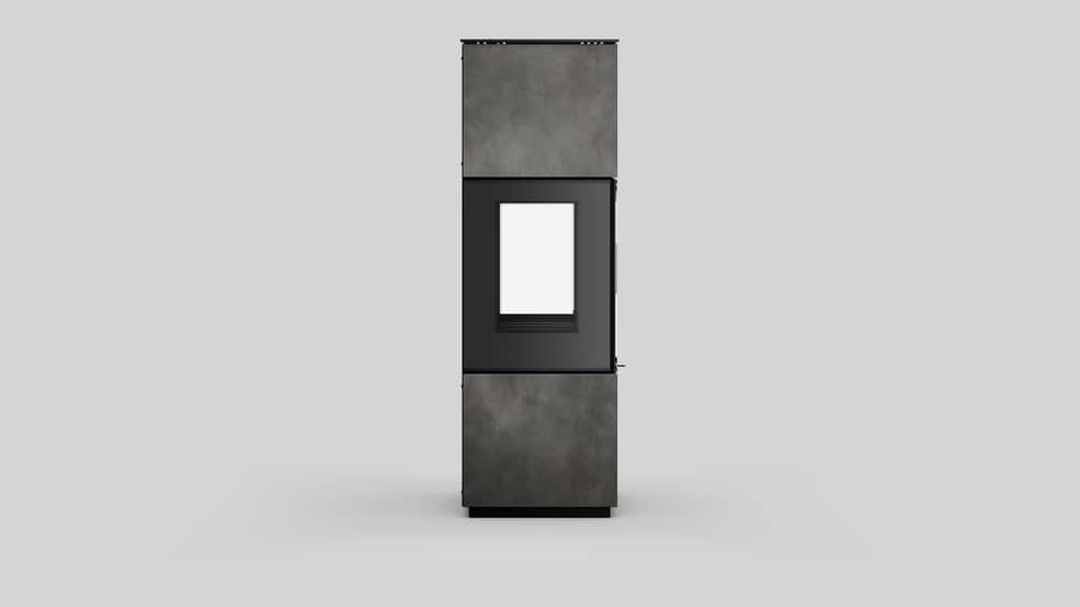 AXAM freistehender Stahlkaminofen in Calce Nero Sinterquarz, schwarze Auskleidung