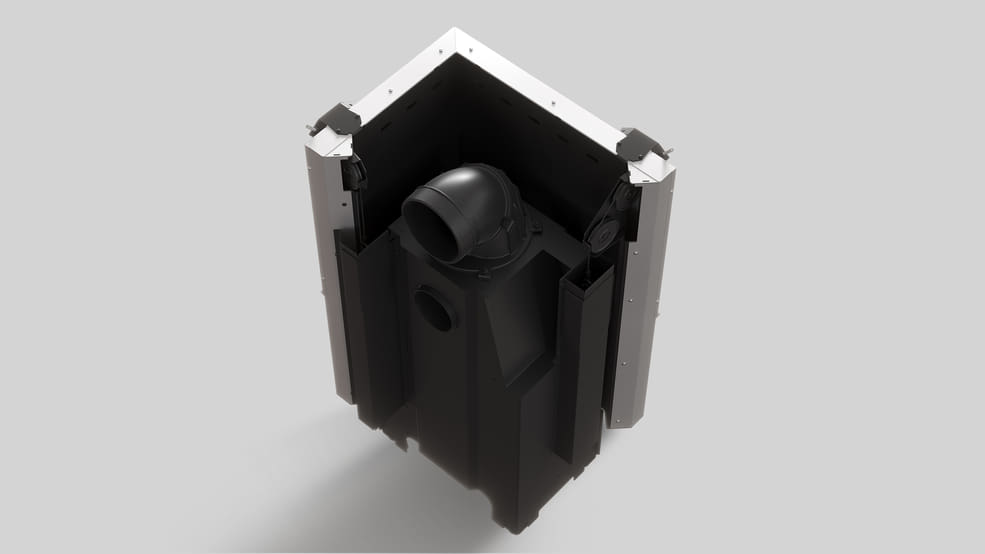 MILANO 610x430 Eckkamin rechts mit hochschiebbarer Tür, weißer Innenauskleidung