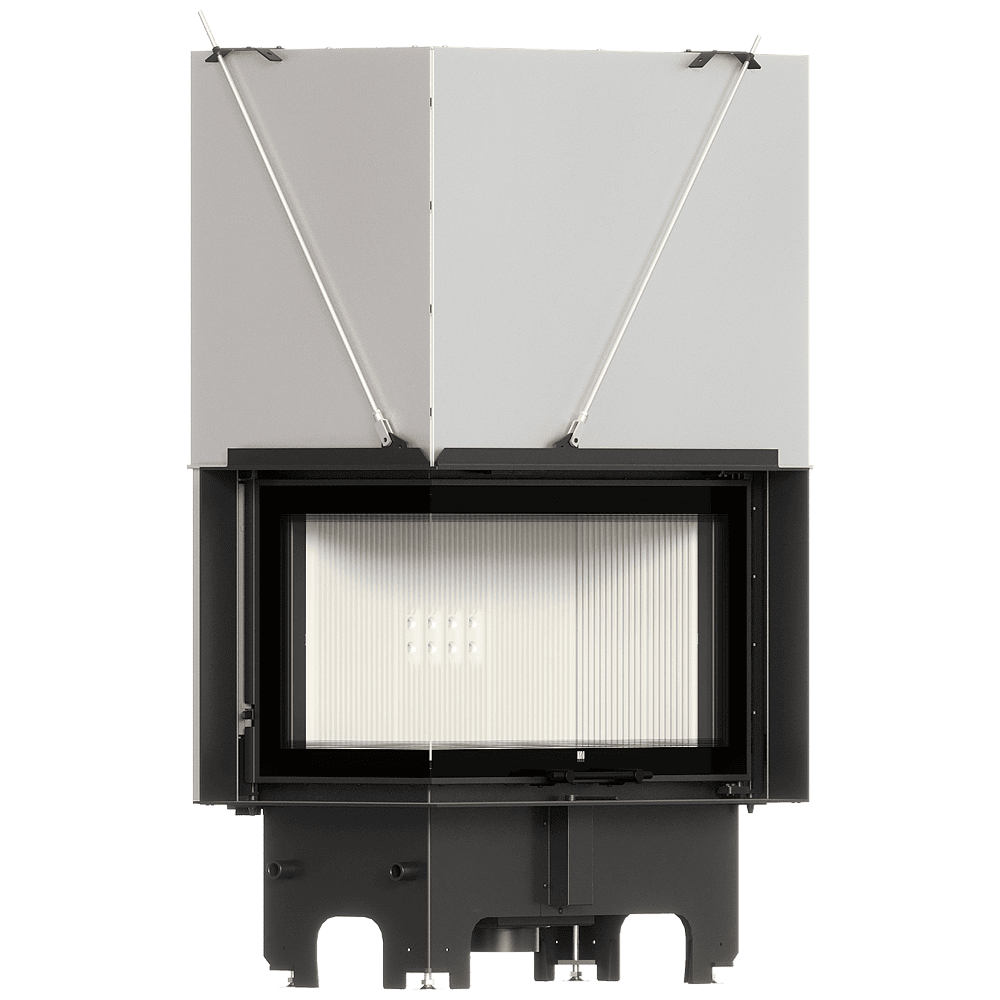 Balstil Milano 810x410 – Linksseitiger Eckkamin mit Klapptüren, weiße Verkleidung