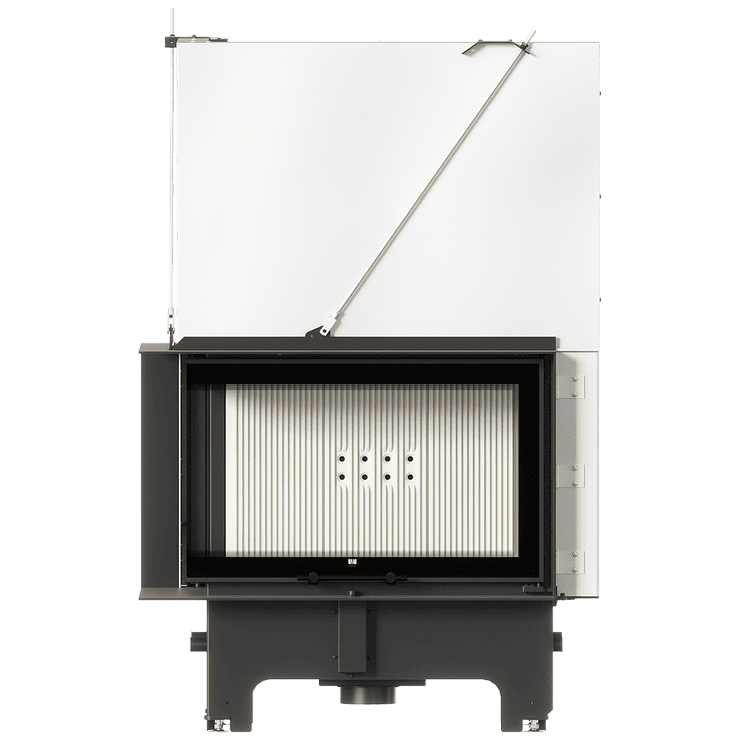 Balstil Milano 810x410 – Linksseitiger Eckkamin mit Klapptüren, weiße Verkleidung