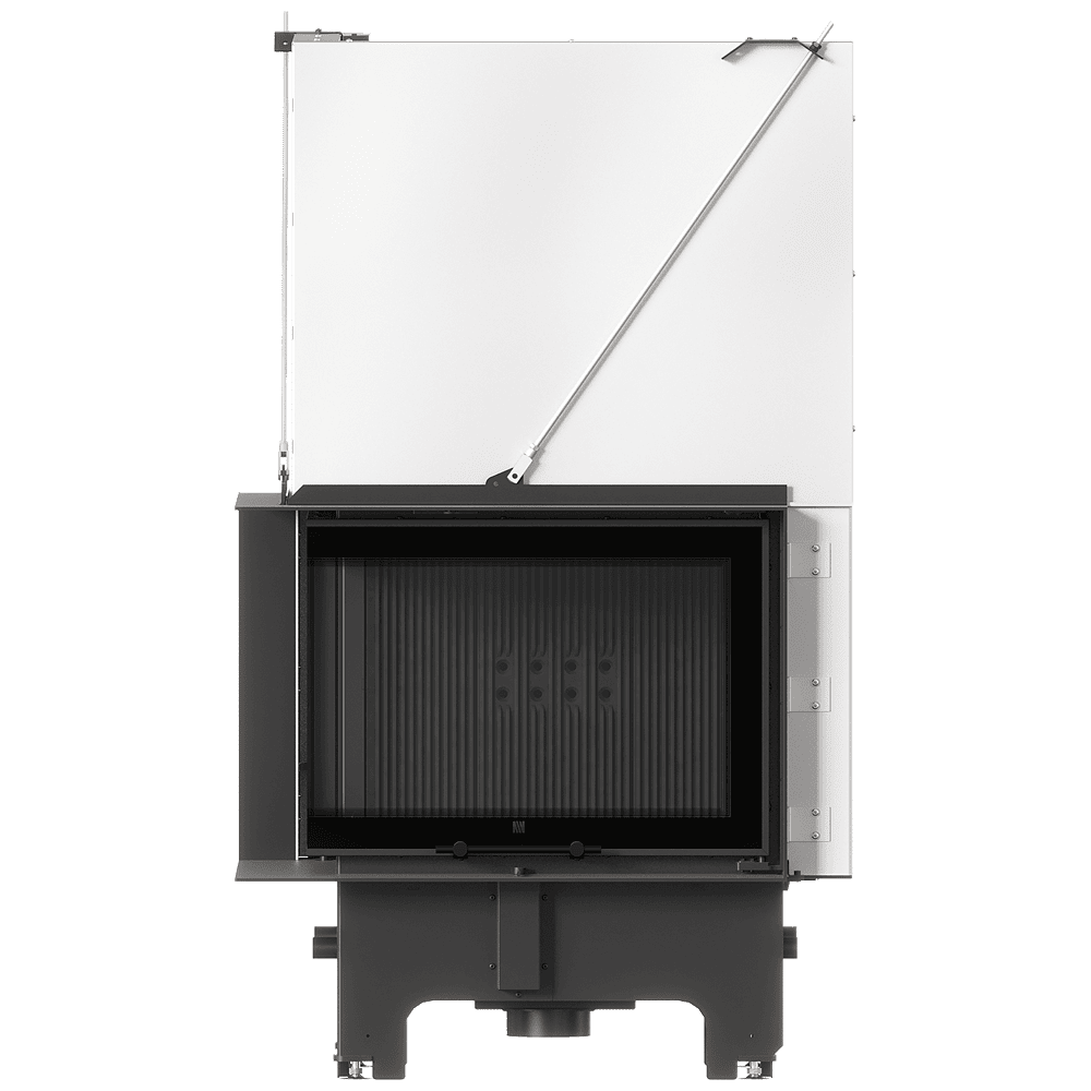 Balstil Milano 700x480 – Linksseitiger Eckkamin mit Klapptüren, schwarze Verkleidung