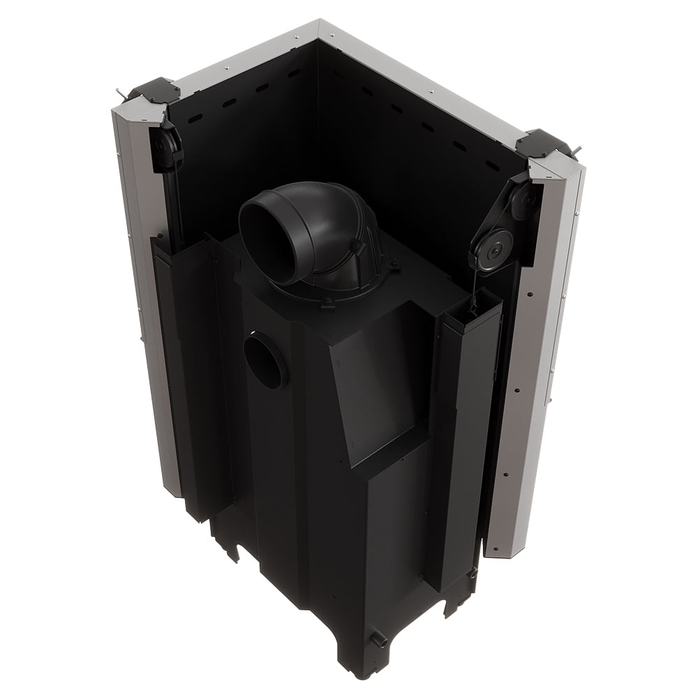 MILANO 700x480 Eckkamin rechts mit hochschiebbarer Tür, schwarzer Innenauskleidung