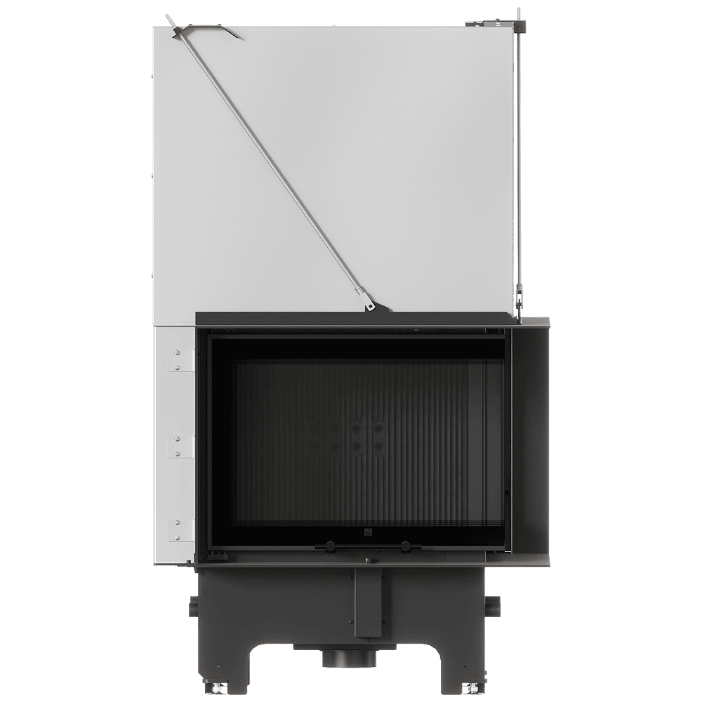 Balstil Milano 700x480 – Linksseitiger Eckkamin mit Klapptüren, schwarze Verkleidung