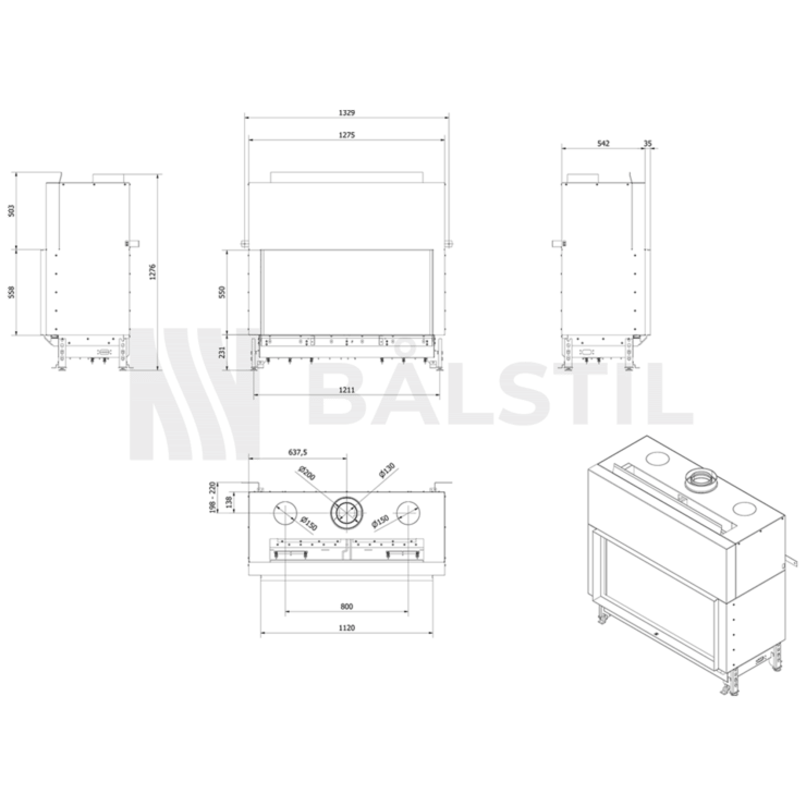Gas fireplace BÅLSTIL LUSSO 130/55 propane 12 kW ∅ 130/200