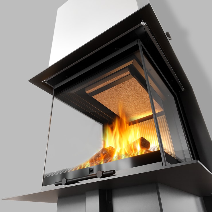 Balstil Milano 500×500 – Dreiseitiger Kamin mit Klapptüren, weiße Verkleidung