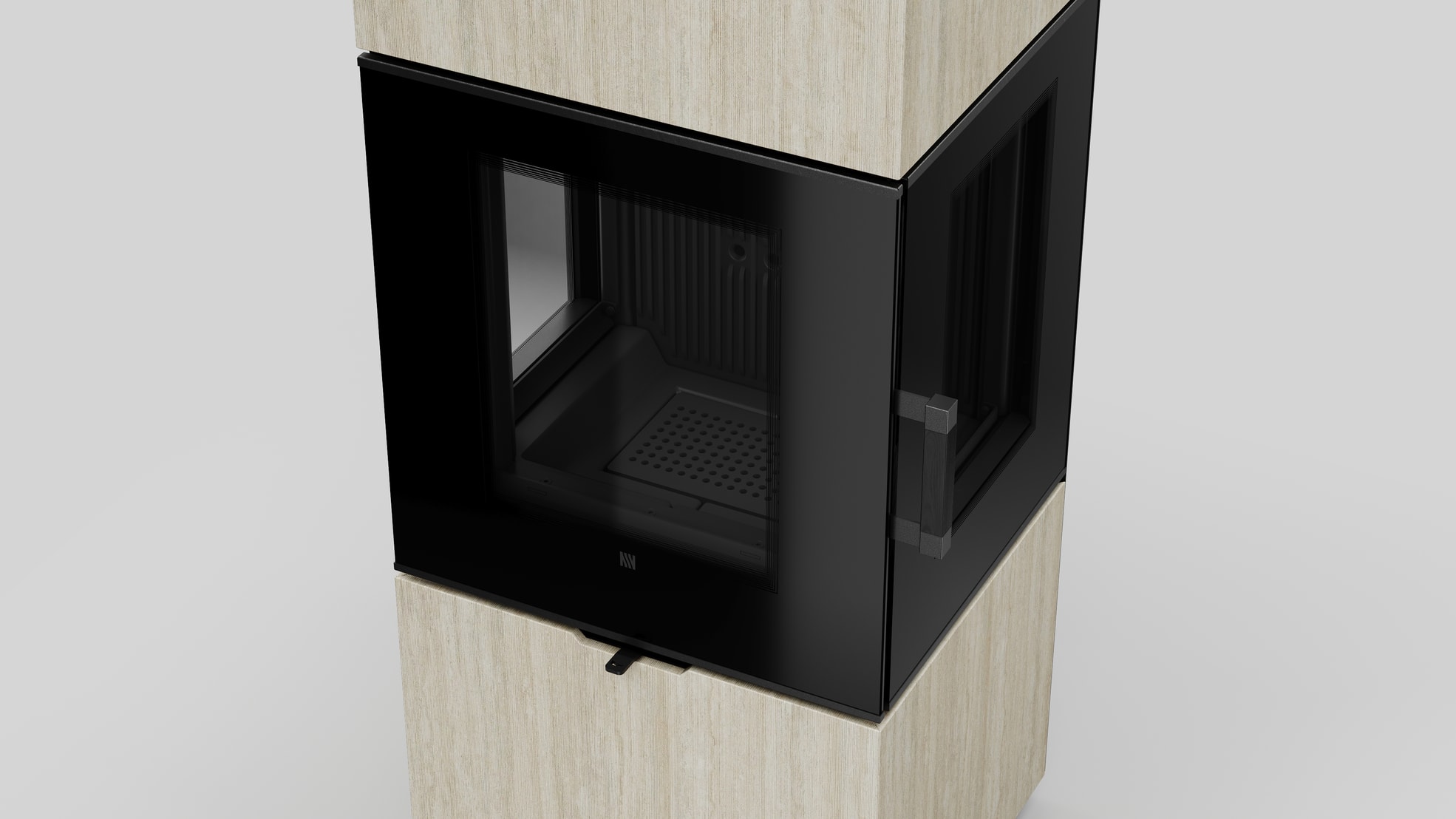 AXAM freistehender Stahlkaminofen in Hado Travertino Bianco Sinterquarz, schwarze Auskleidung