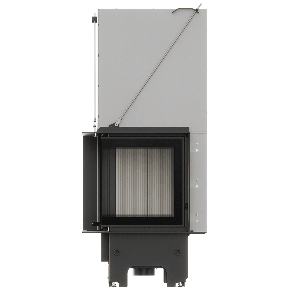 Balstil Milano 700x480 – Rechtsseitiger Eckkamin mit Klapptüren, weiße Verkleidung