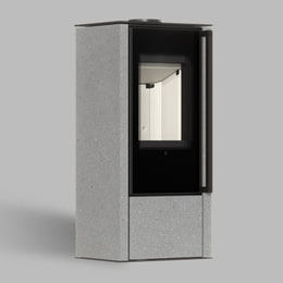 AKNA freistehender Stahlofen in Luna Grigia Stein; Türgriff aus schwarzer Eiche