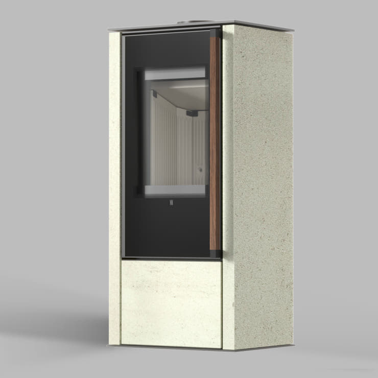 Freistehender Stahl-Kaminofen AKNA aus Ivory Glow Stein