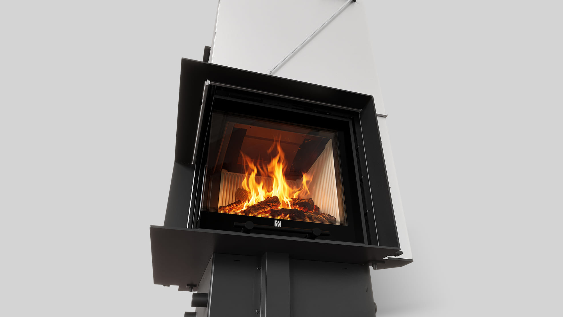 MILANO 480x480 – Linksseitiger Eckkamin mit Klapptüren, weiße Verkleidung