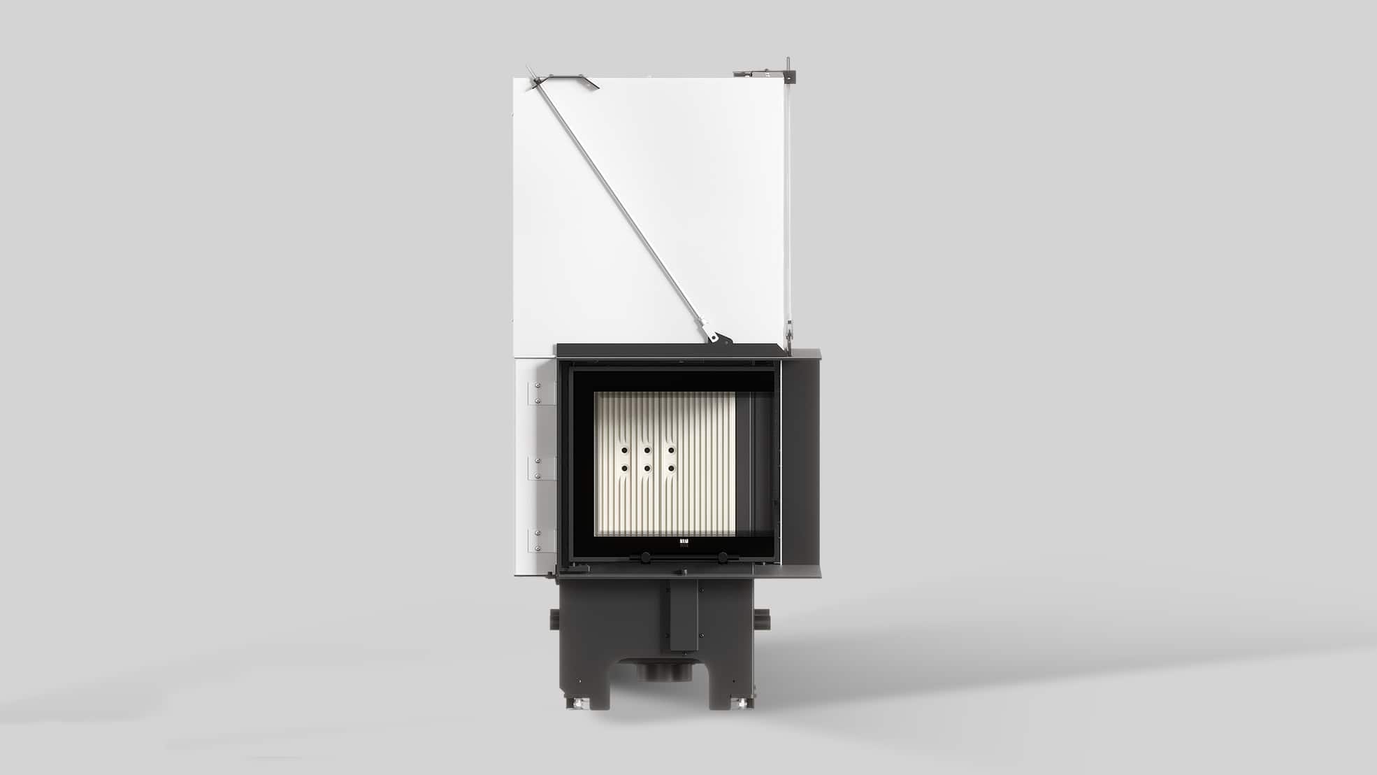 MILANO 480x480 – Rechtsseitiger Eckkamin mit Klapptüren, weiße Verkleidung