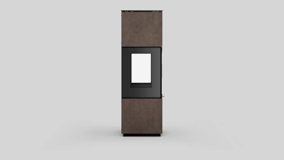 AXAM freistehender Stahlkaminofen in Fokos Roccia Sinterquarz, weiße Auskleidung