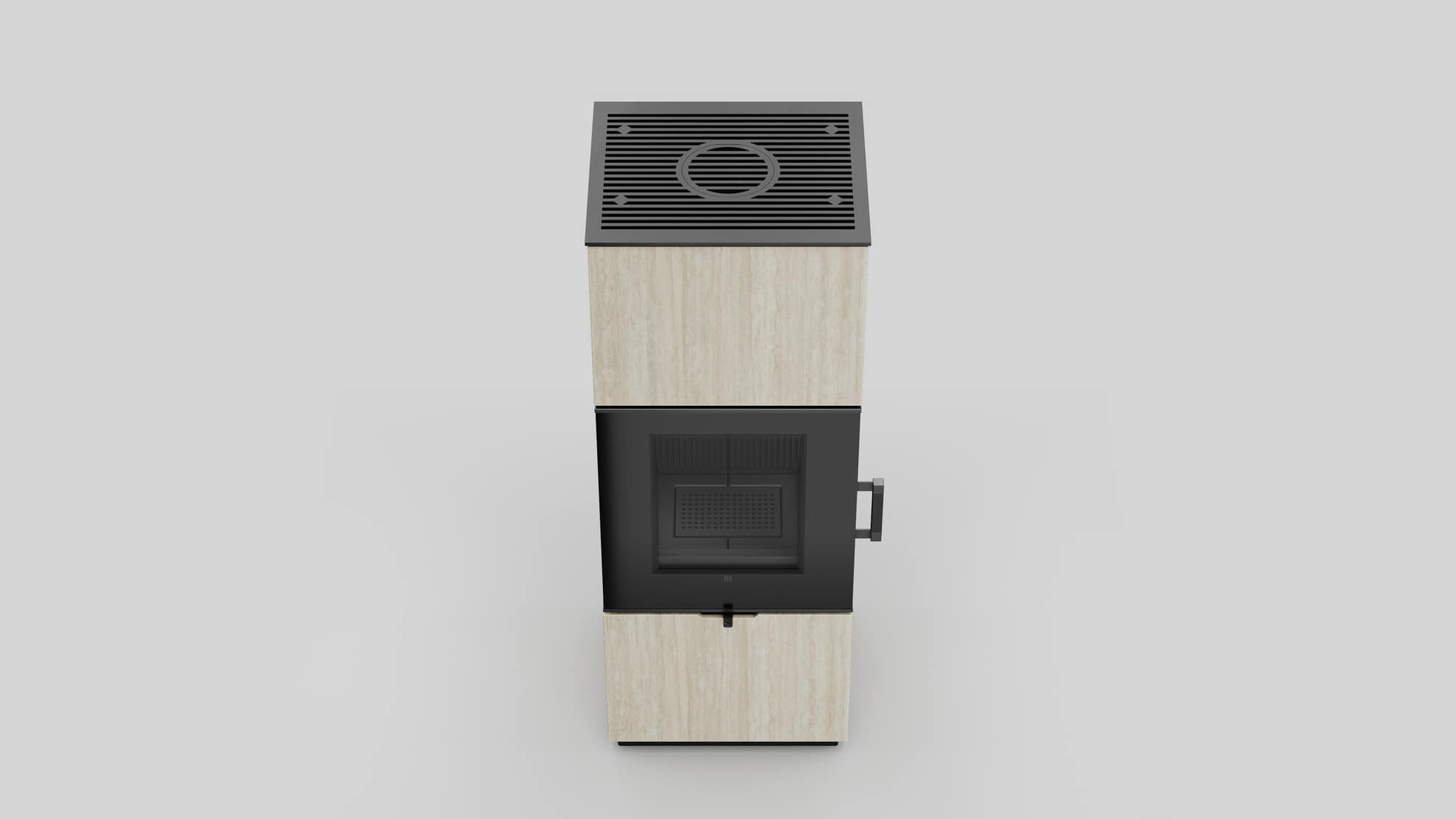 AXAM freistehender Stahlkaminofen in Hado Travertino Bianco Sinterquarz, schwarze Auskleidung