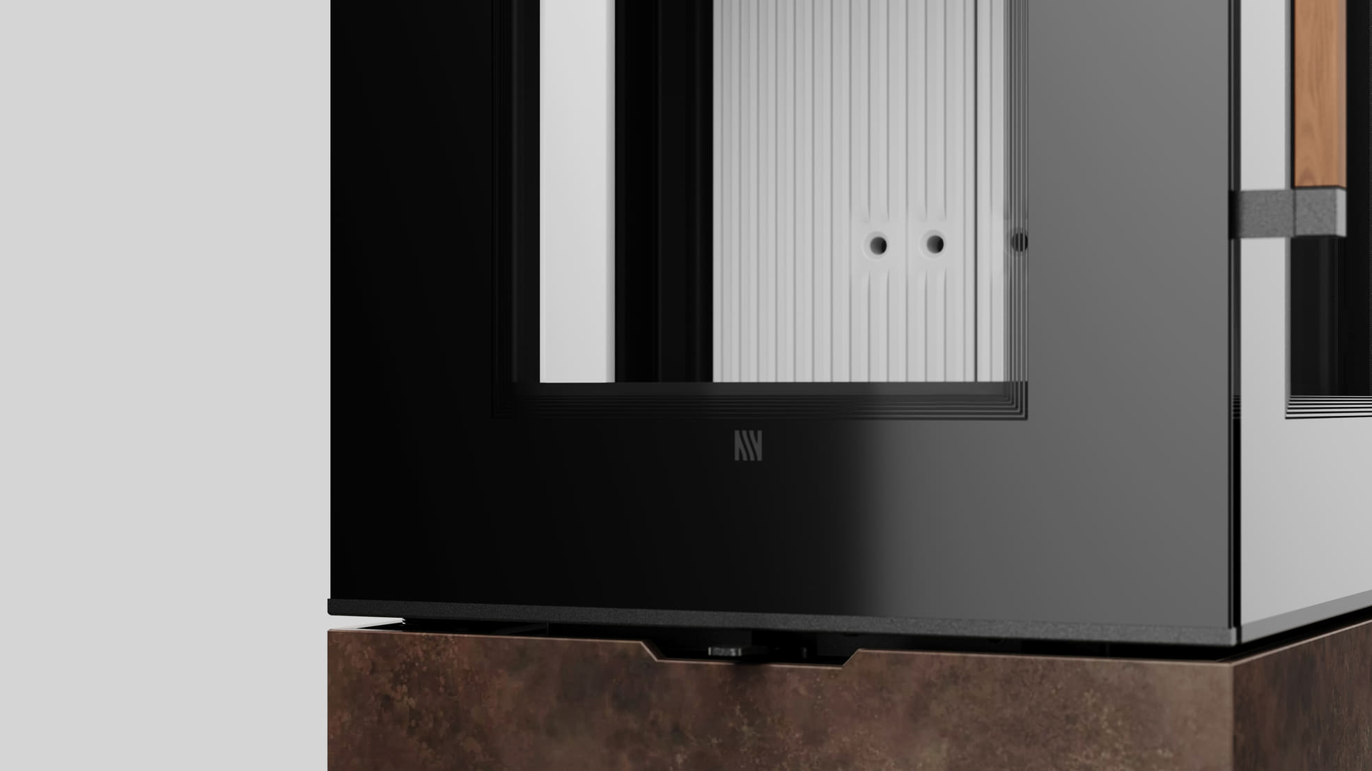 AXAM freistehender Stahlkaminofen in Ossido Bruno Sinterquarz, weiße Auskleidung