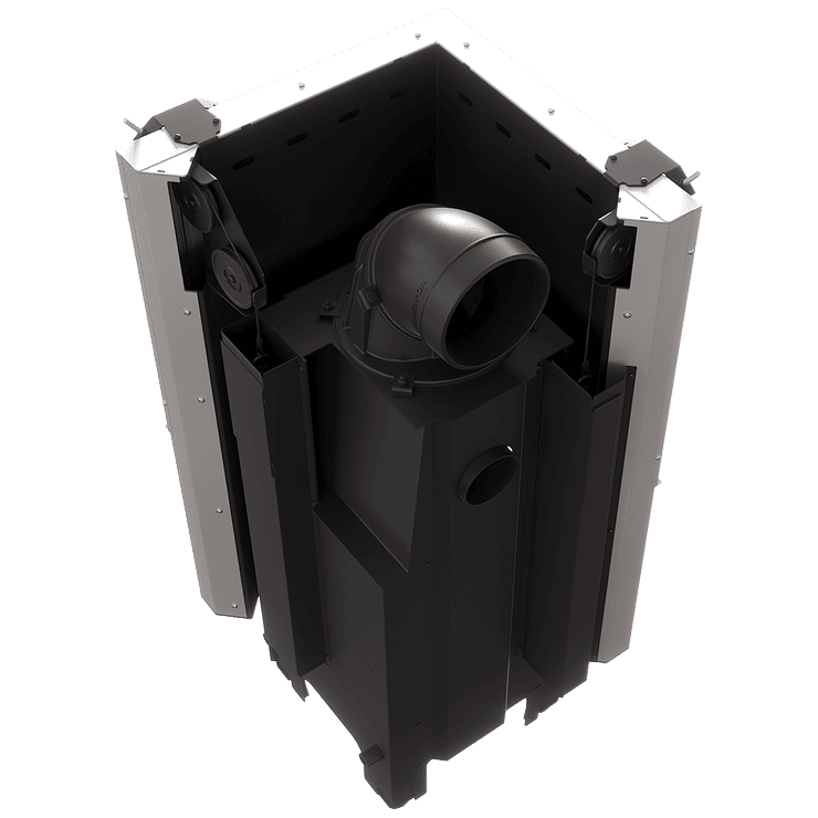 Balstil Milano 480x480 – Linksseitiger Eckkamin mit Klapptüren, weiße Verkleidung