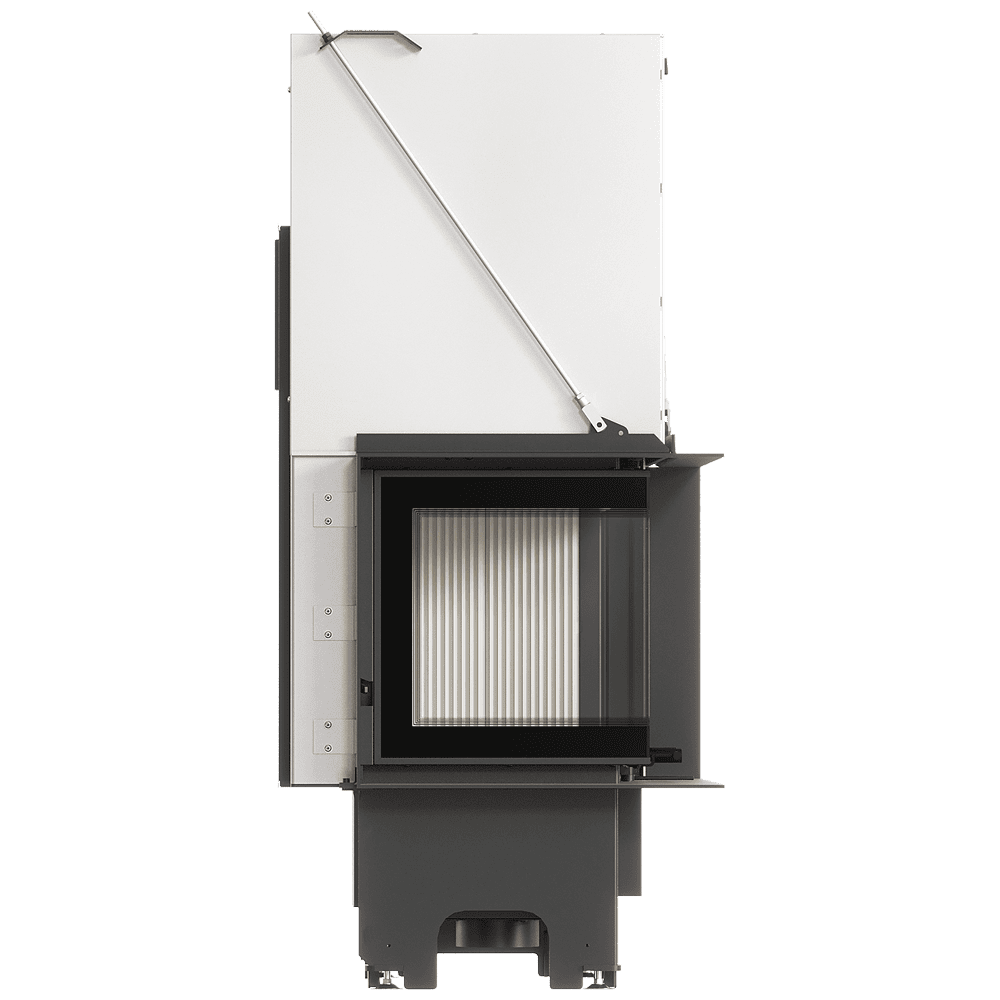 Balstil Milano 610x430 – Linksseitiger Eckkamin mit Klapptüren, weiße Verkleidung