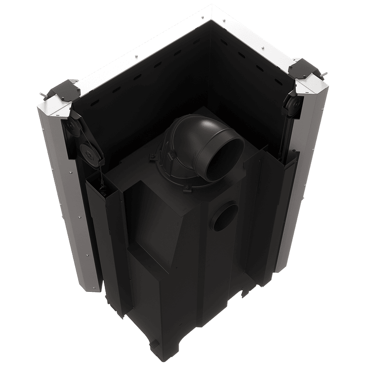 Balstil Milano 700x480 – Linksseitiger Eckkamin mit Klapptüren, weiße Verkleidung