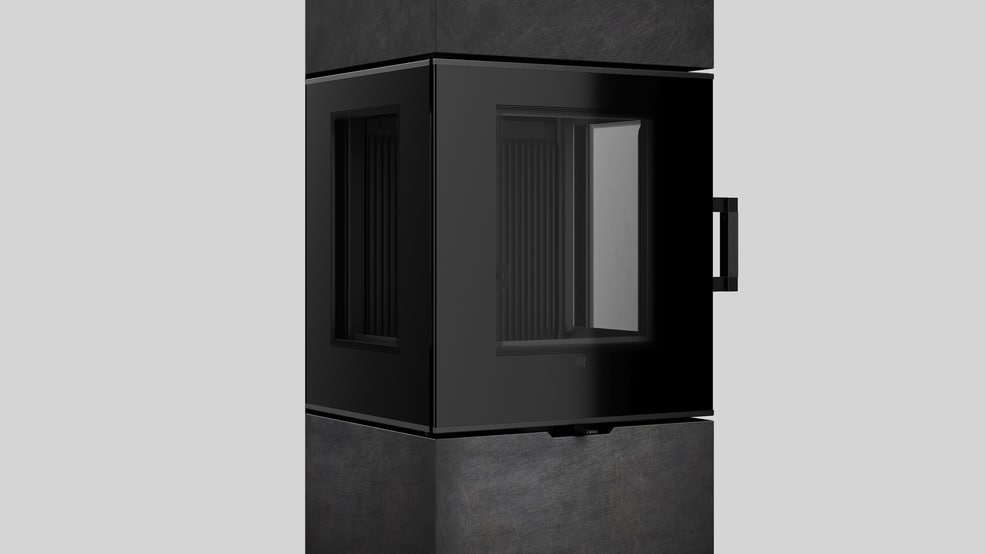 Freistehender Stahl-Kaminofen AXAM aus Fokos Grafite Sinterstein mit schwarzer Innenauskleidung