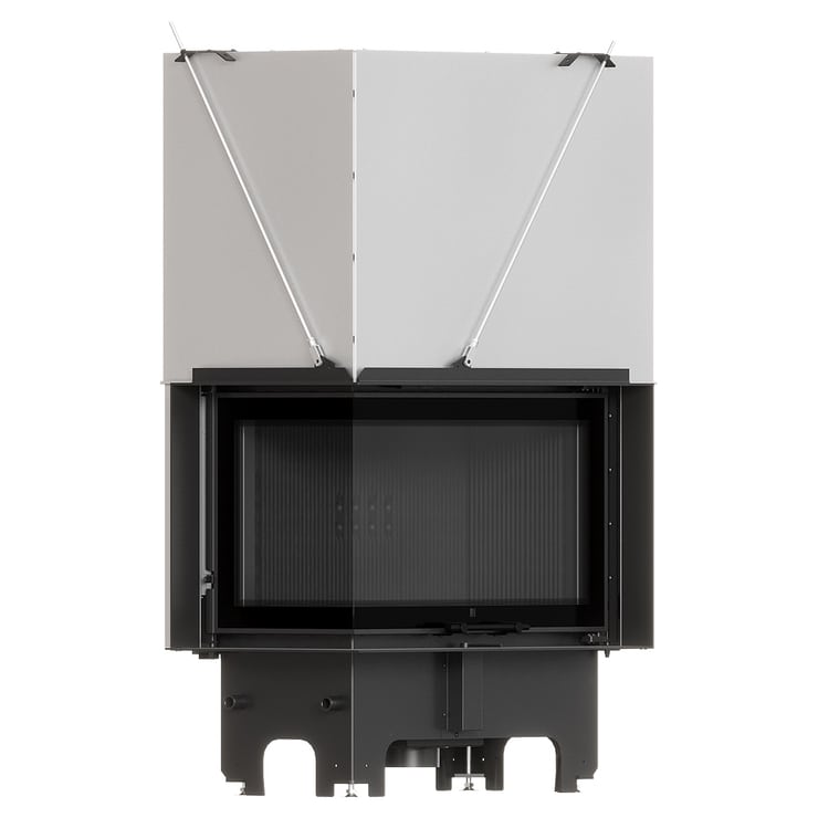 MILANO 810x410 Eckkamin links mit hochschiebbarer Tür, schwarzer Innenauskleidung