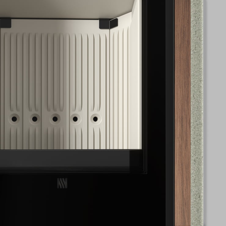 Freistehender Stahl-Kaminofen AKNA aus Ivory Glow Stein