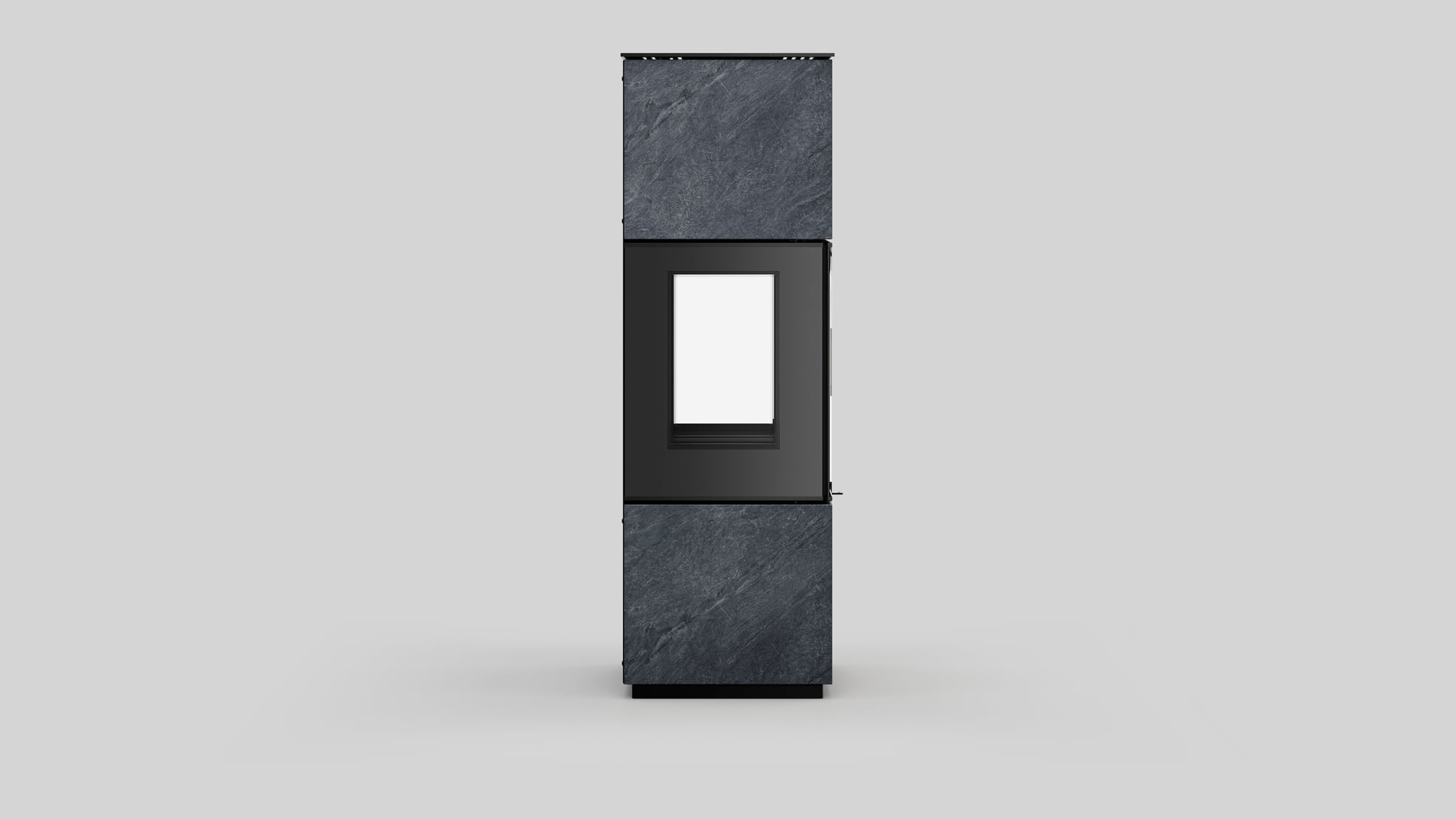 AXAM freistehender Stahlkaminofen in In-Side Pietra di Cardoso Grigio Sinterquarz, weiße Auskleidung