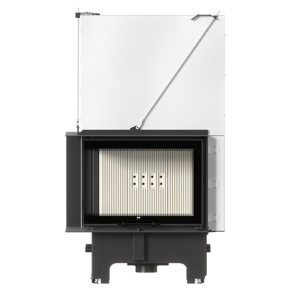 Balstil Milano 700x480 – Linksseitiger Eckkamin mit Klapptüren, weiße Verkleidung