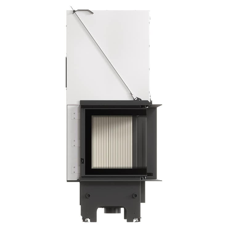 Balstil Milano 700x480 – Linksseitiger Eckkamin mit Klapptüren, weiße Verkleidung