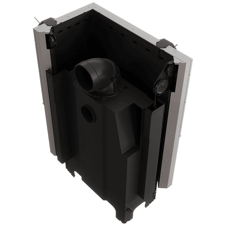 Balstil Milano 810x410 – Rechtsseitiger Eckkamin mit Klapptüren, weiße Verkleidung