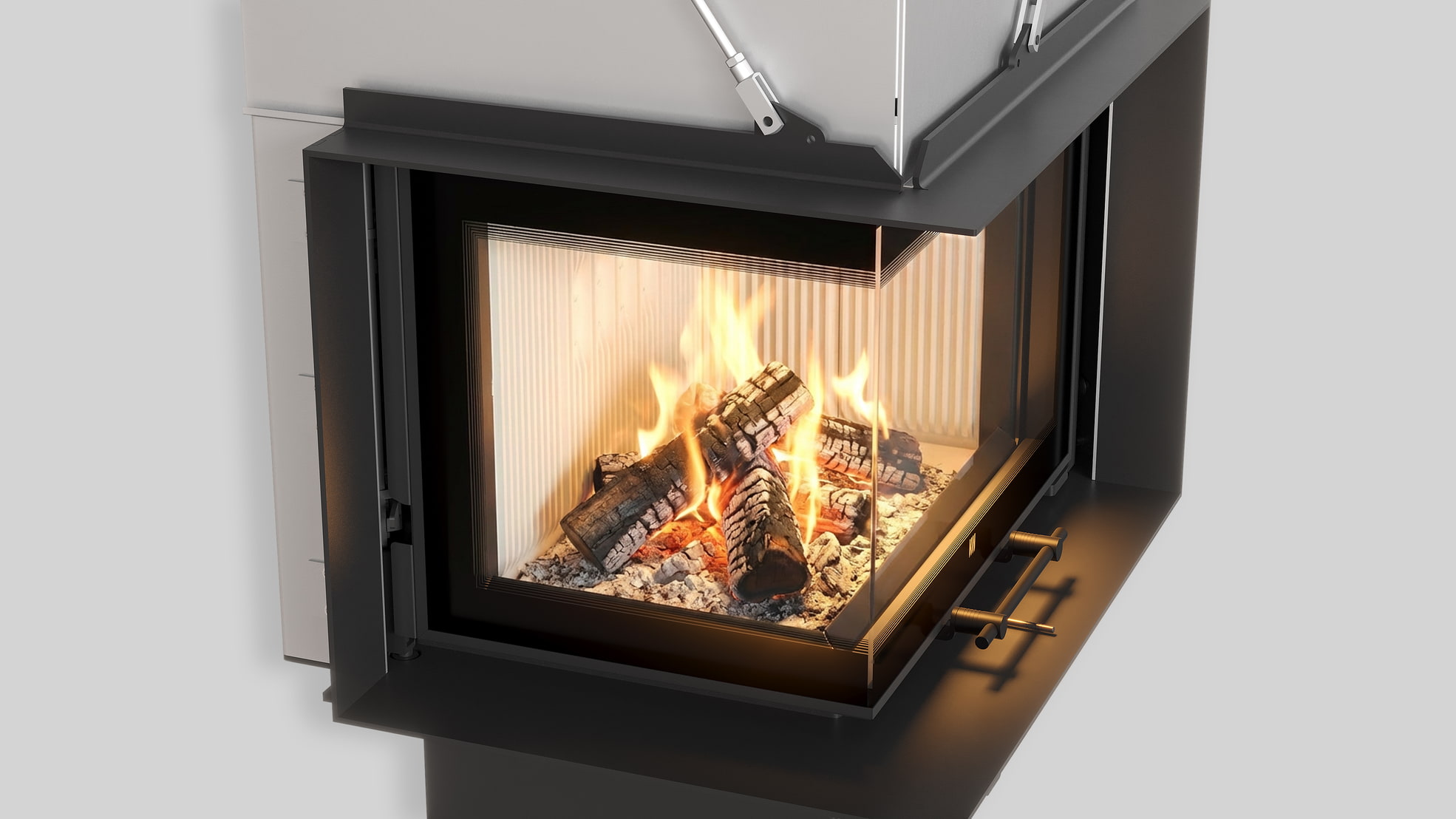 MILANO 610x430 – Linksseitiger Eckkamin mit Klapptüren, weiße Verkleidung