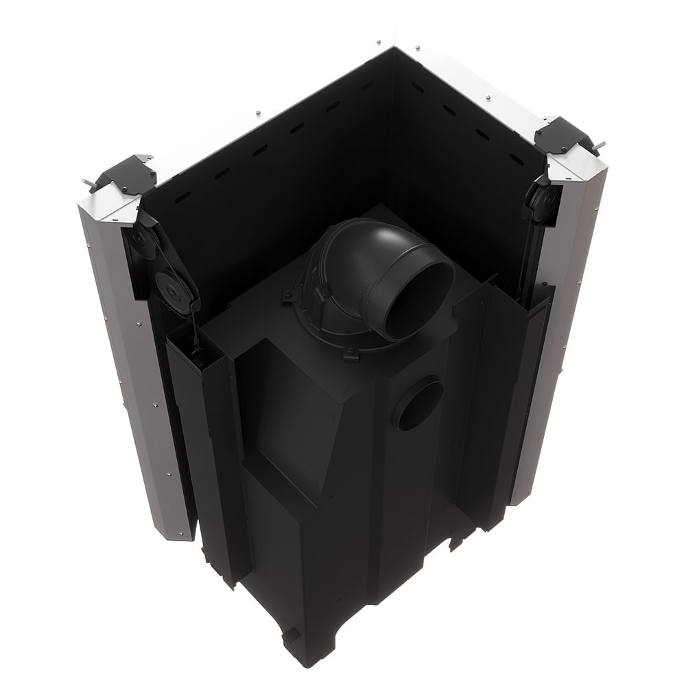 Balstil Milano 700x480 – Linksseitiger Eckkamin mit Klapptüren, weiße Verkleidung