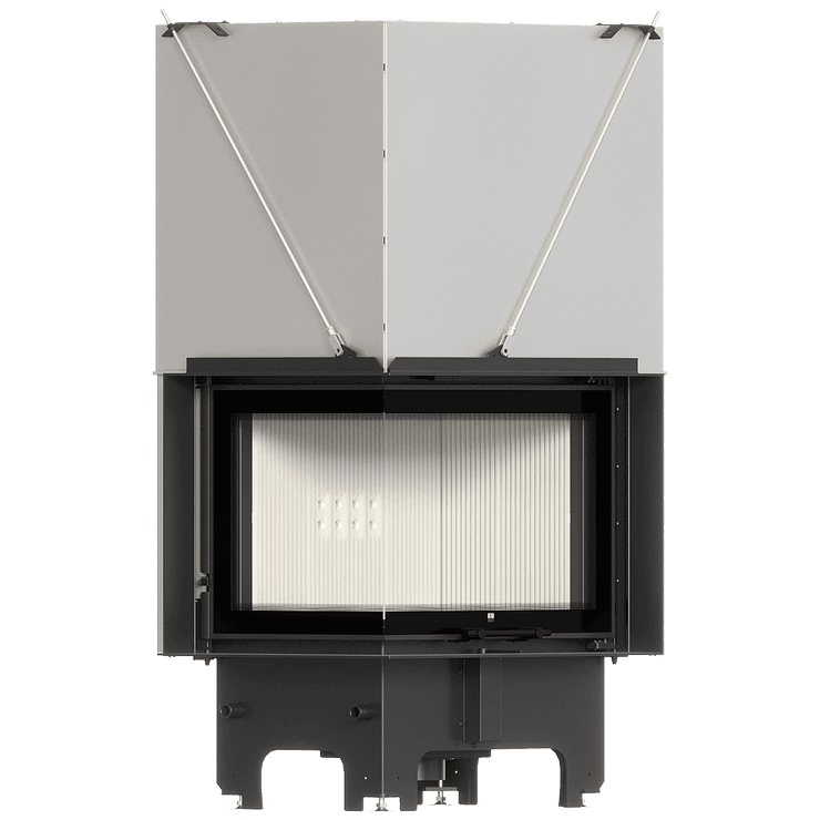 Balstil Milano 700x480 – Linksseitiger Eckkamin mit Klapptüren, weiße Verkleidung