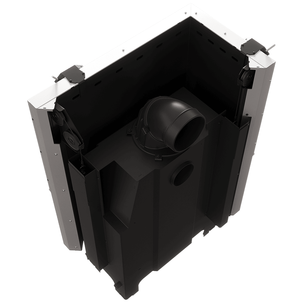 Balstil Milano 810x410 – Linksseitiger Eckkamin mit Klapptüren, schwarze Verkleidung