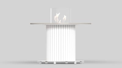 TABLE CORE 400 SLIM in Bianco colour, with Taj Mahal sintered quartz tabletop, with a manual bioethanol insert