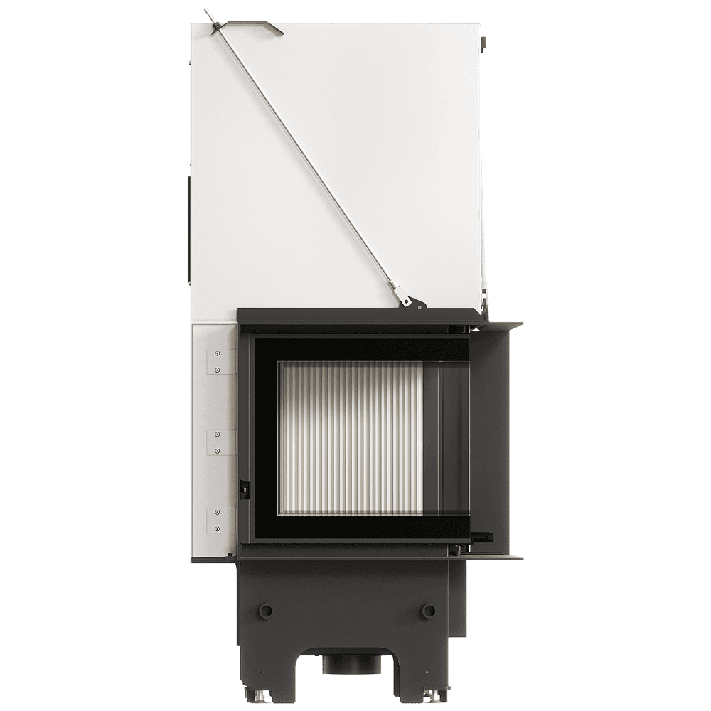 Balstil Milano 480x480 – Linksseitiger Eckkamin mit Klapptüren, weiße Verkleidung