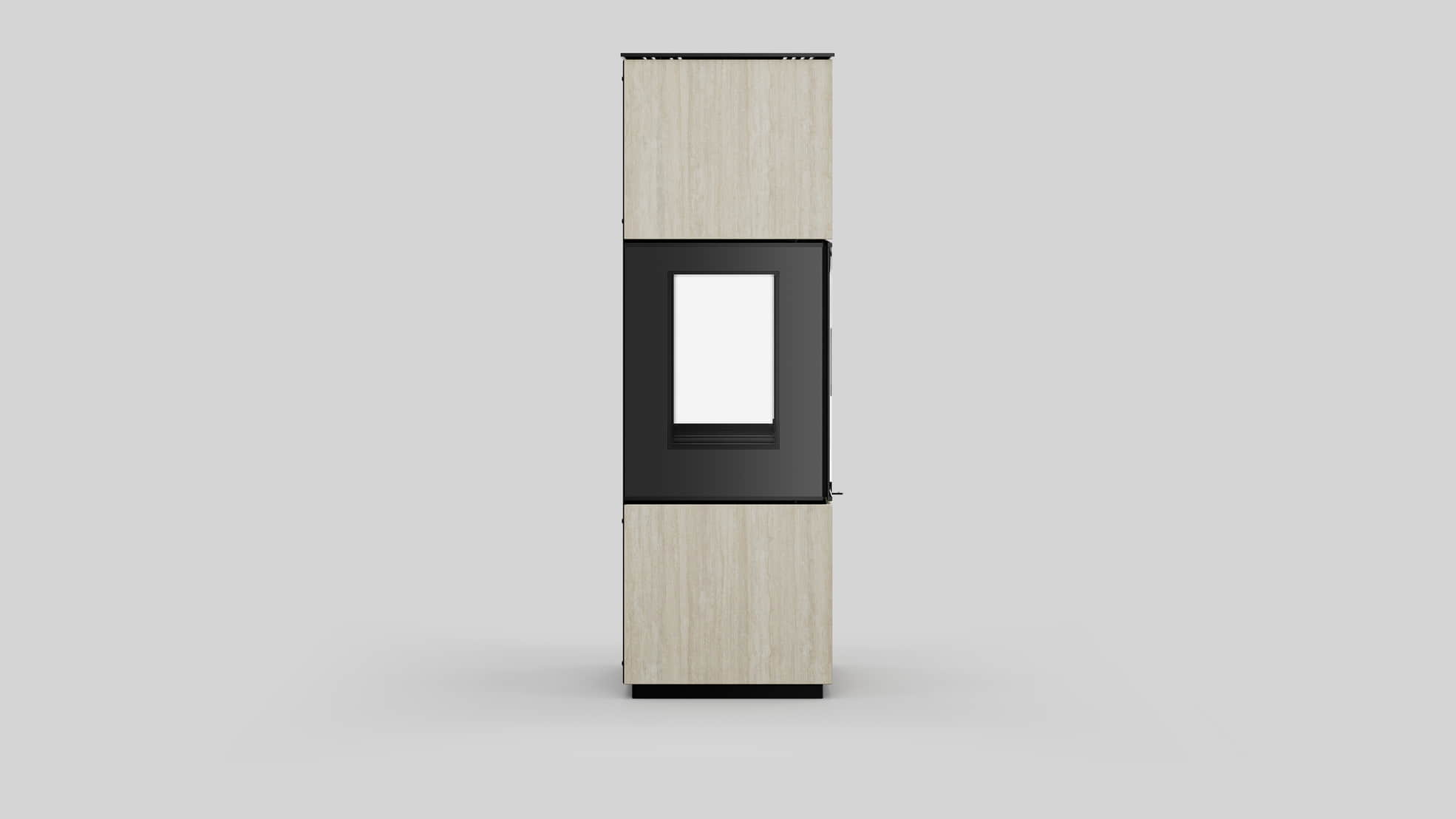 AXAM freistehender Stahlkaminofen in Hado Travertino Bianco Sinterquarz, weiße Auskleidung