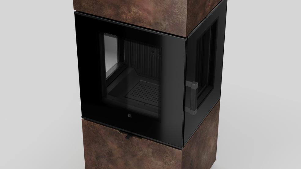 AXAM freistehender Stahlkaminofen in Ossido Bruno Sinterquarz, schwarze Auskleidung