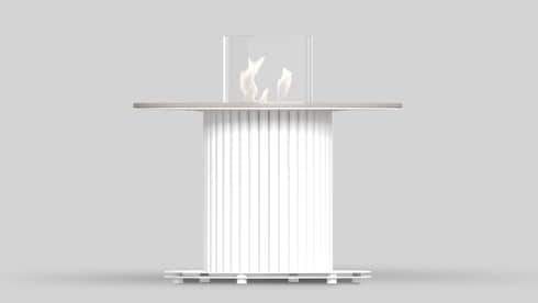 TABLE CORE 400 SLIM in Bianco colour, with Taj Mahal sintered quartz tabletop, with a manual bioethanol insert