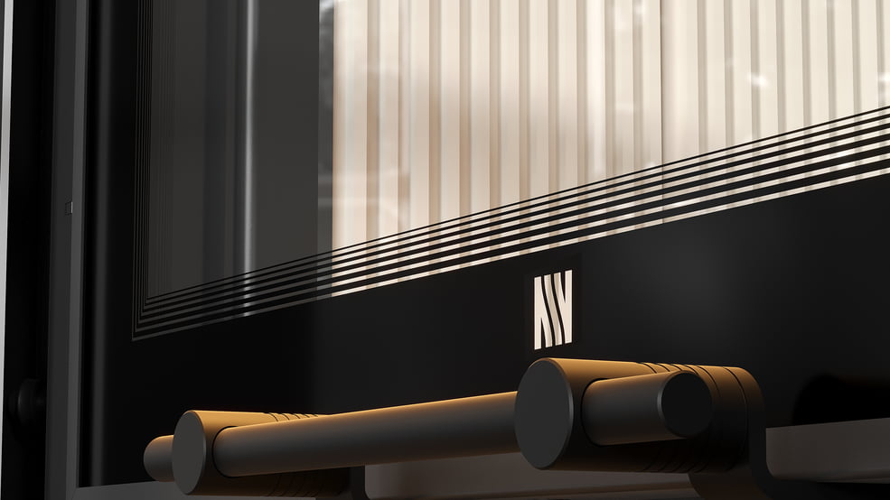 MILANO 610x430 Eckkamin rechts mit hochschiebbarer Tür, weißer Innenauskleidung