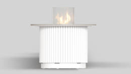 Stolik rurowy 400 w kolorze Bianco,  z blatem ze spieku kwarcowego Taj Mahal, z manualną wkładką na biopaliwo