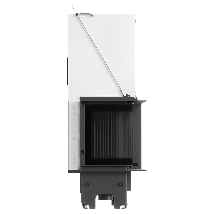 MILANO 810x410 Eckkamin links mit hochschiebbarer Tür, schwarzer Innenauskleidung