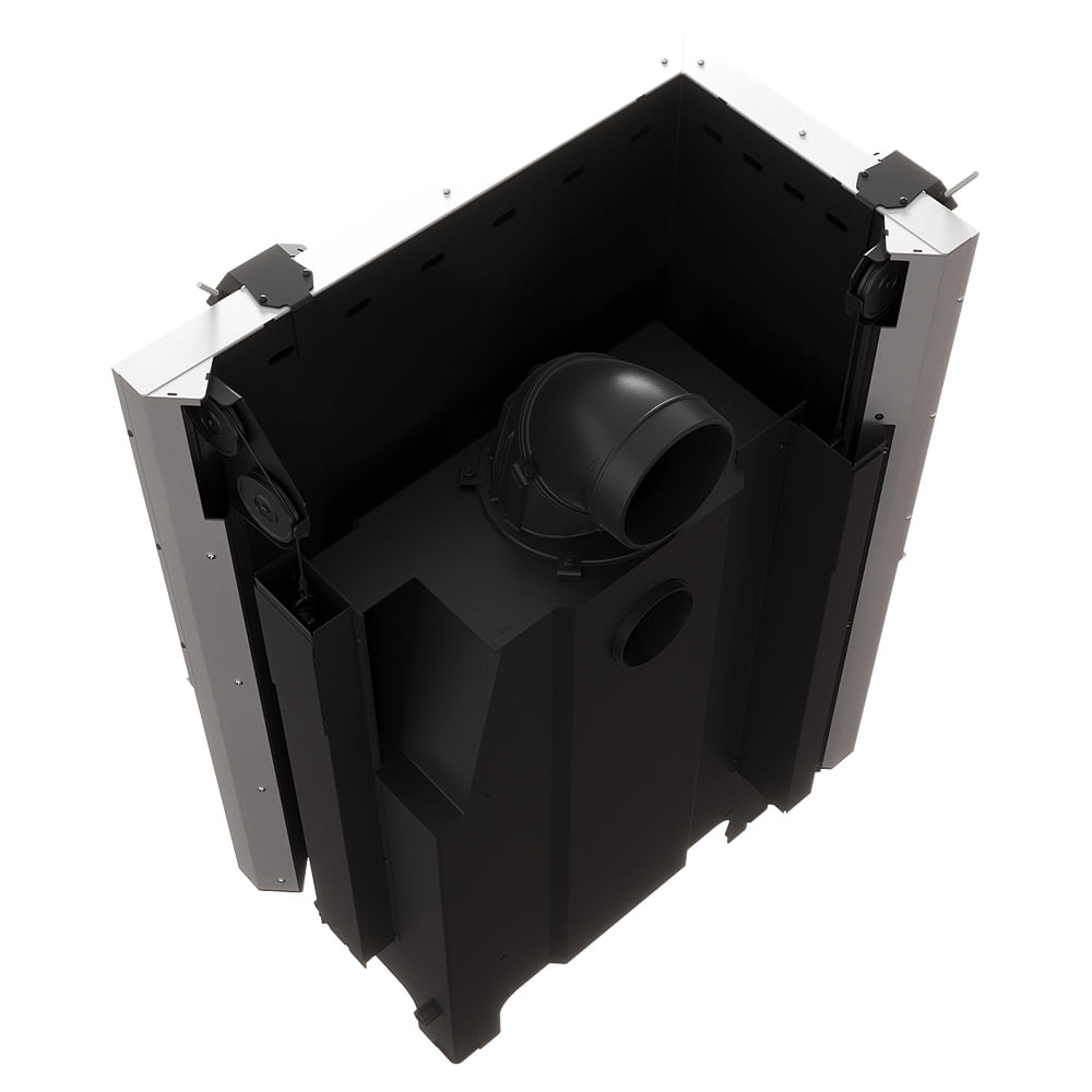 MILANO 810x410 Eckkamin links mit hochschiebbarer Tür, schwarzer Innenauskleidung